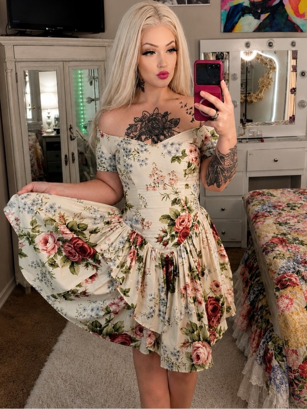 Floral Off-Shoulder Fit & Flare Dress - Ivory with Rose Print